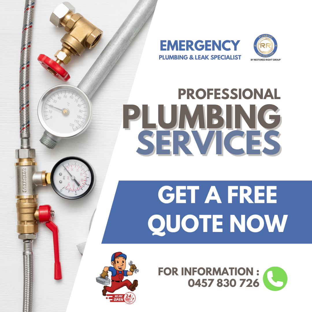 Advertisement for Emergency Plumbing & Leak Specialist — Professional plumbing services with a free quote offer. Contact 0457 830 726.